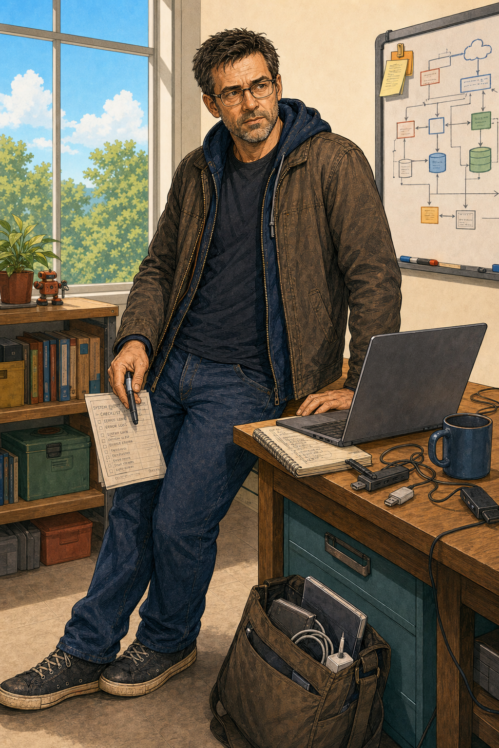 Doug Walker leaning beside a daylight diagnostics bench with a laptop, notes, marker, and engineer's bag.