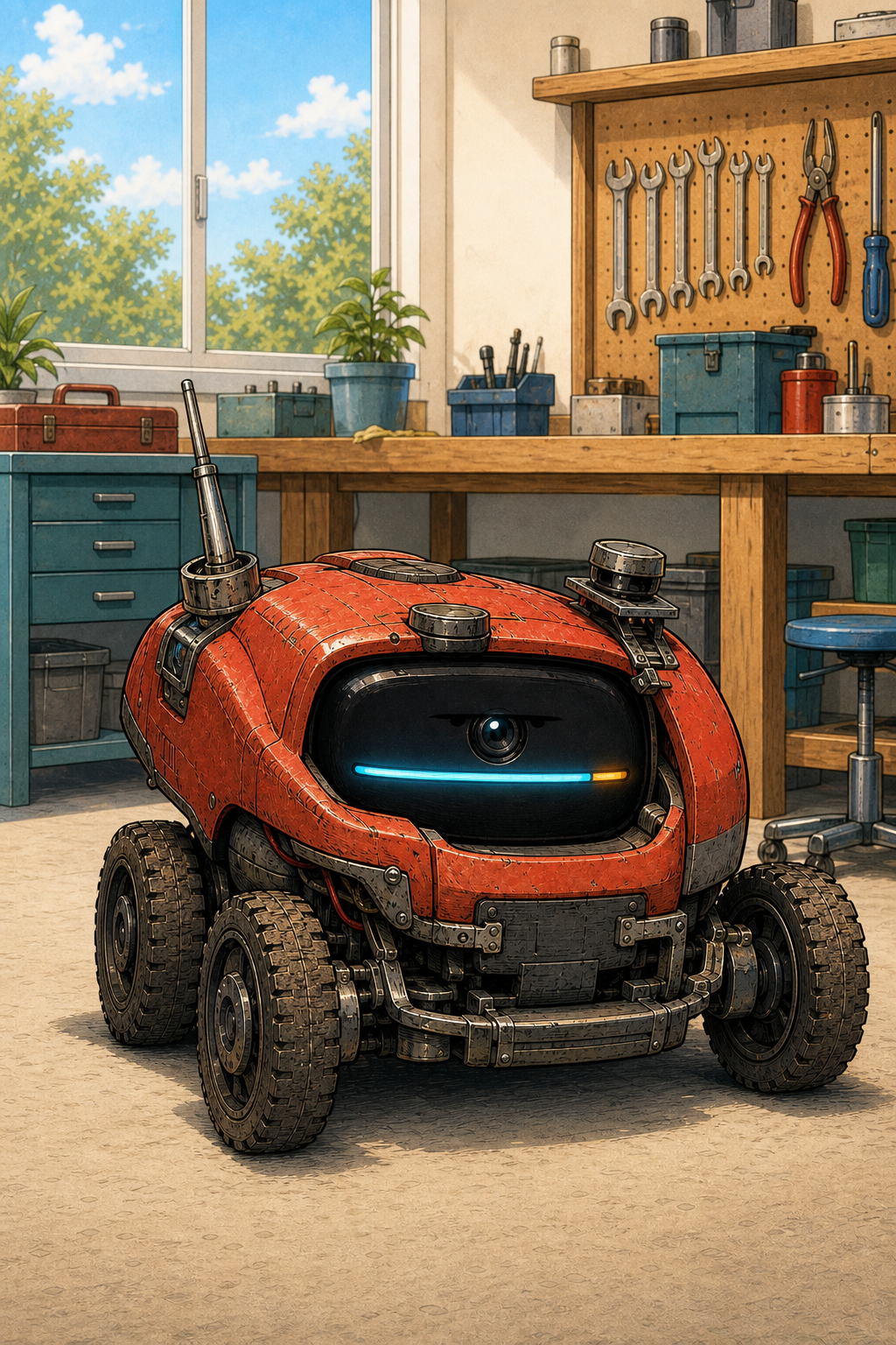 B.A.R.R.Y. inhabiting a compact autonomous lawn mower body in Walker Systems & Repair.