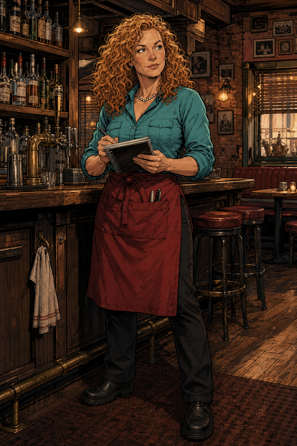 Heather Alvarez taking notes inside the bright, welcoming Randy's Tavern.