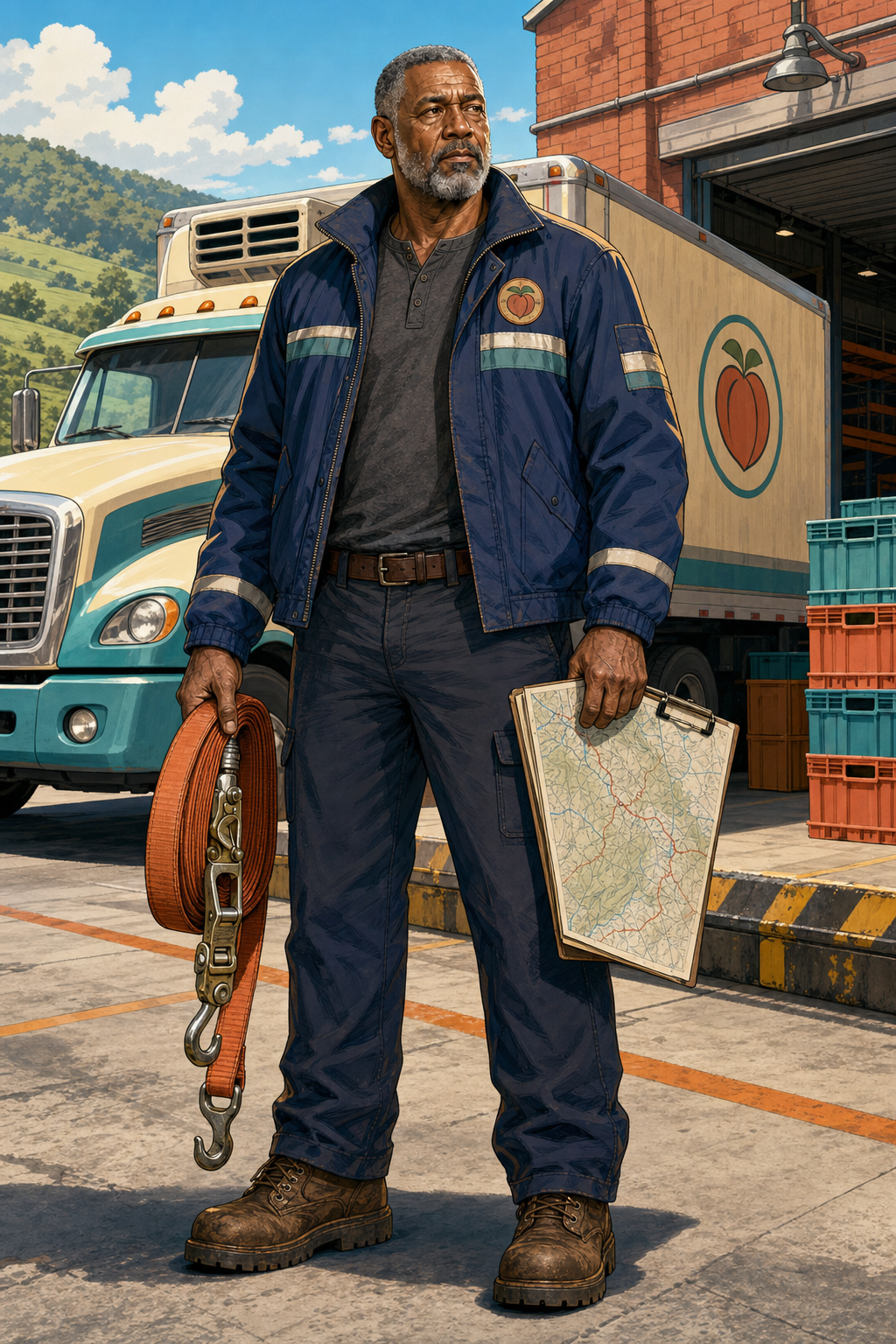 Leon "Peaches" Mercer carrying a cargo strap and Appalachian relay map at a Bellwether loading dock.