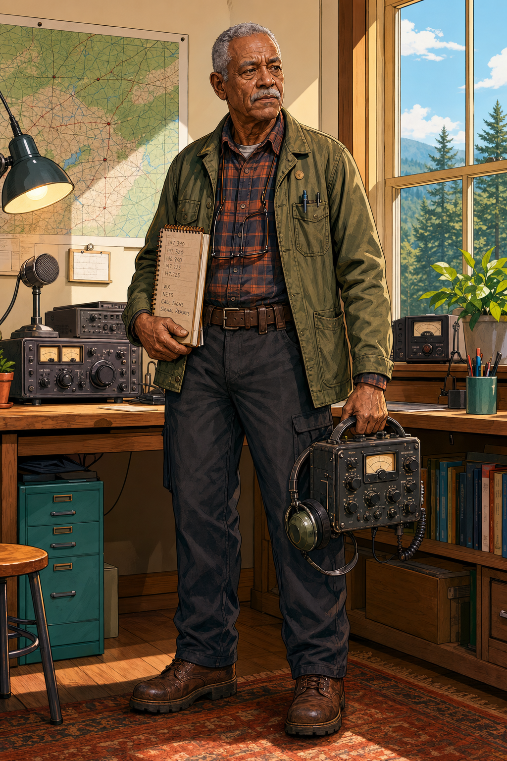 Calvin Reed carrying an analog radio and handwritten frequency log in his home radio shack.