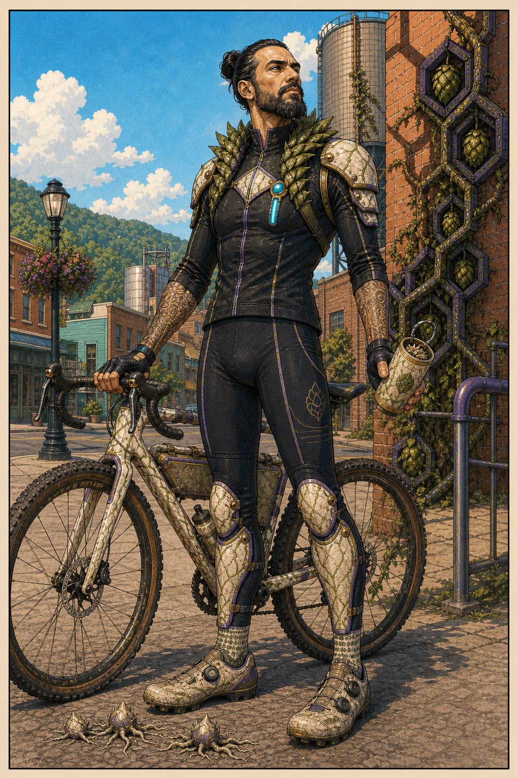 A Gravel Deacon with a man bun, ceramic caltrops, and a cultivated gravel bicycle on a Bellwether street.