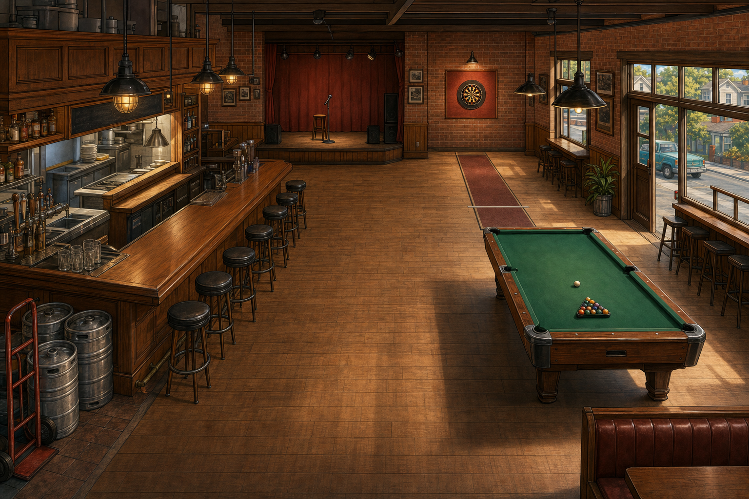 Randy's Tavern interior, with a playable pool-table bay and dedicated dart lane beside the bar, stage, and kitchen service pass.