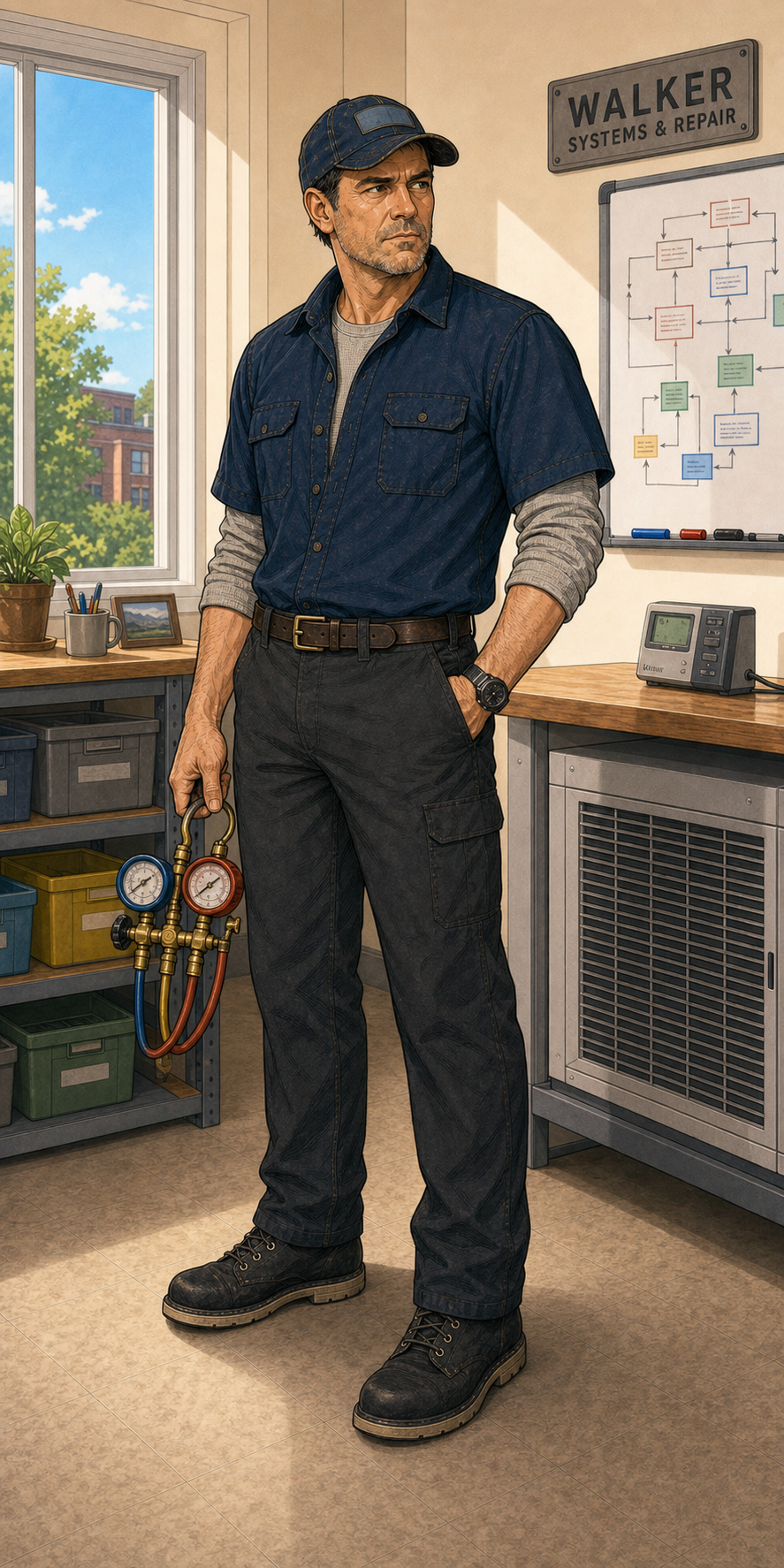 Jerry Collins holding an HVAC gauge manifold in a bright diagnostics room
