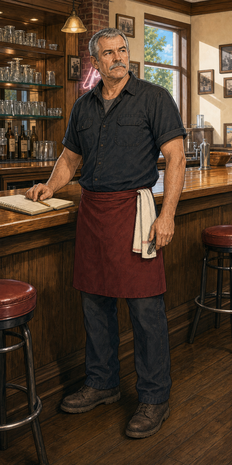 Randy Boone behind the tavern bar with his green ledger