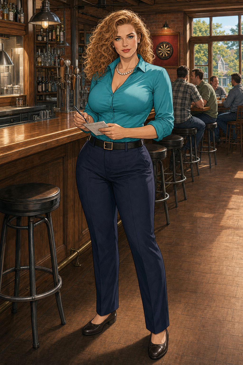 Heather Alvarez working behind the bar with a guest check in hand
