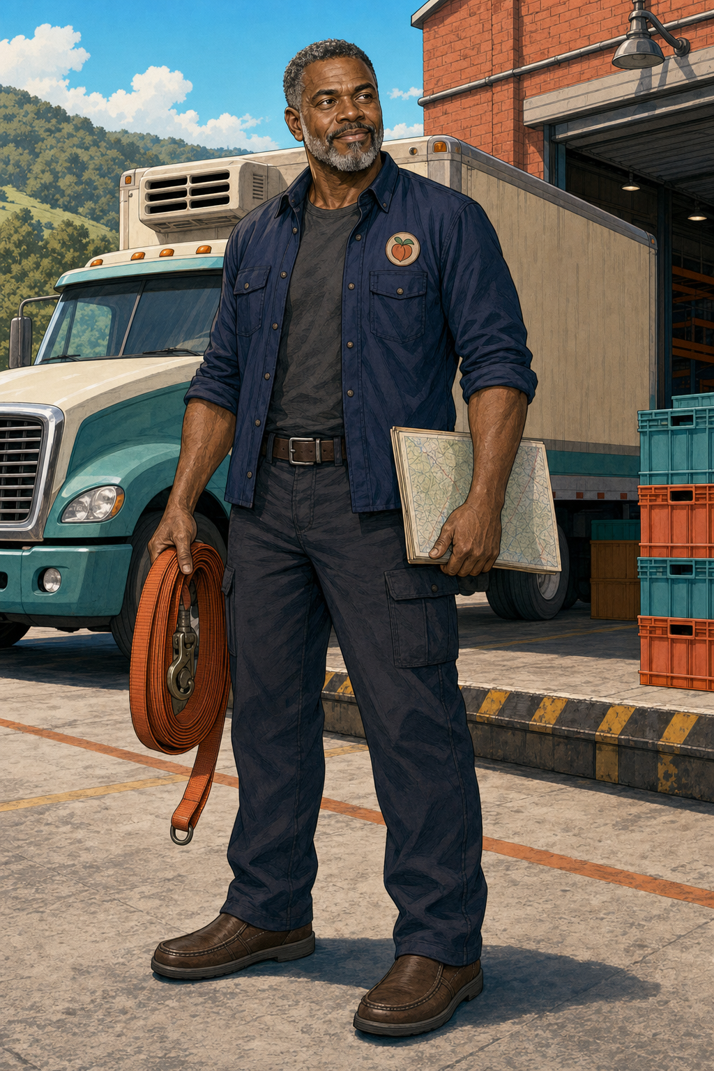 Leon Peaches Mercer carrying a cargo strap and Appalachian relay map at a loading dock