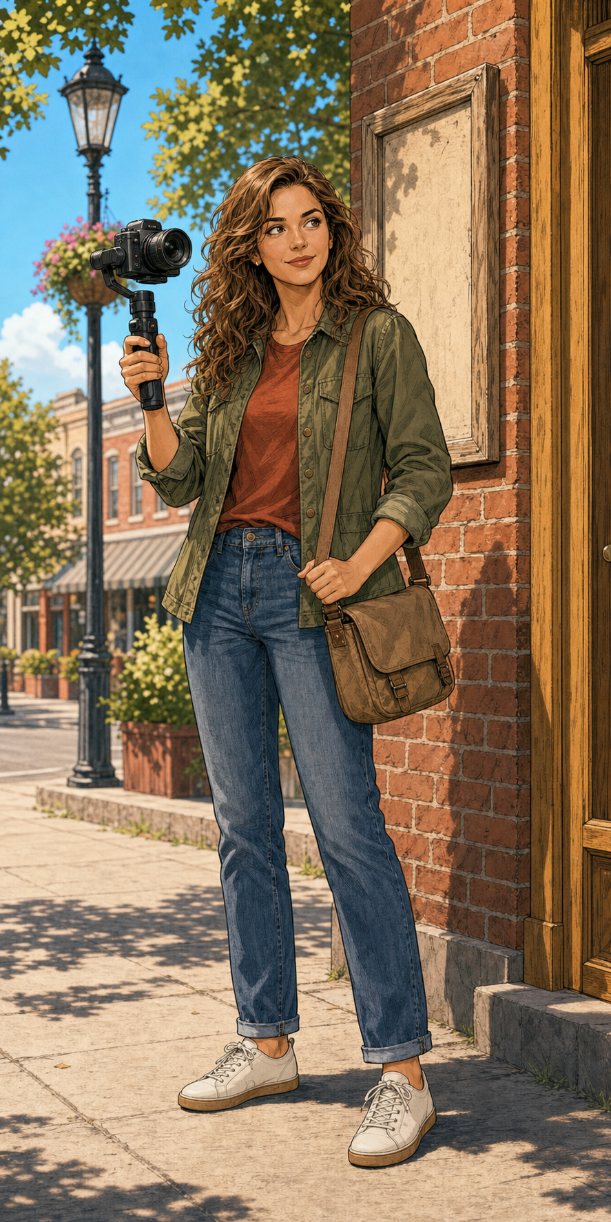 Kayla Boone filming outside Randy's Tavern with a compact camera on a gimbal