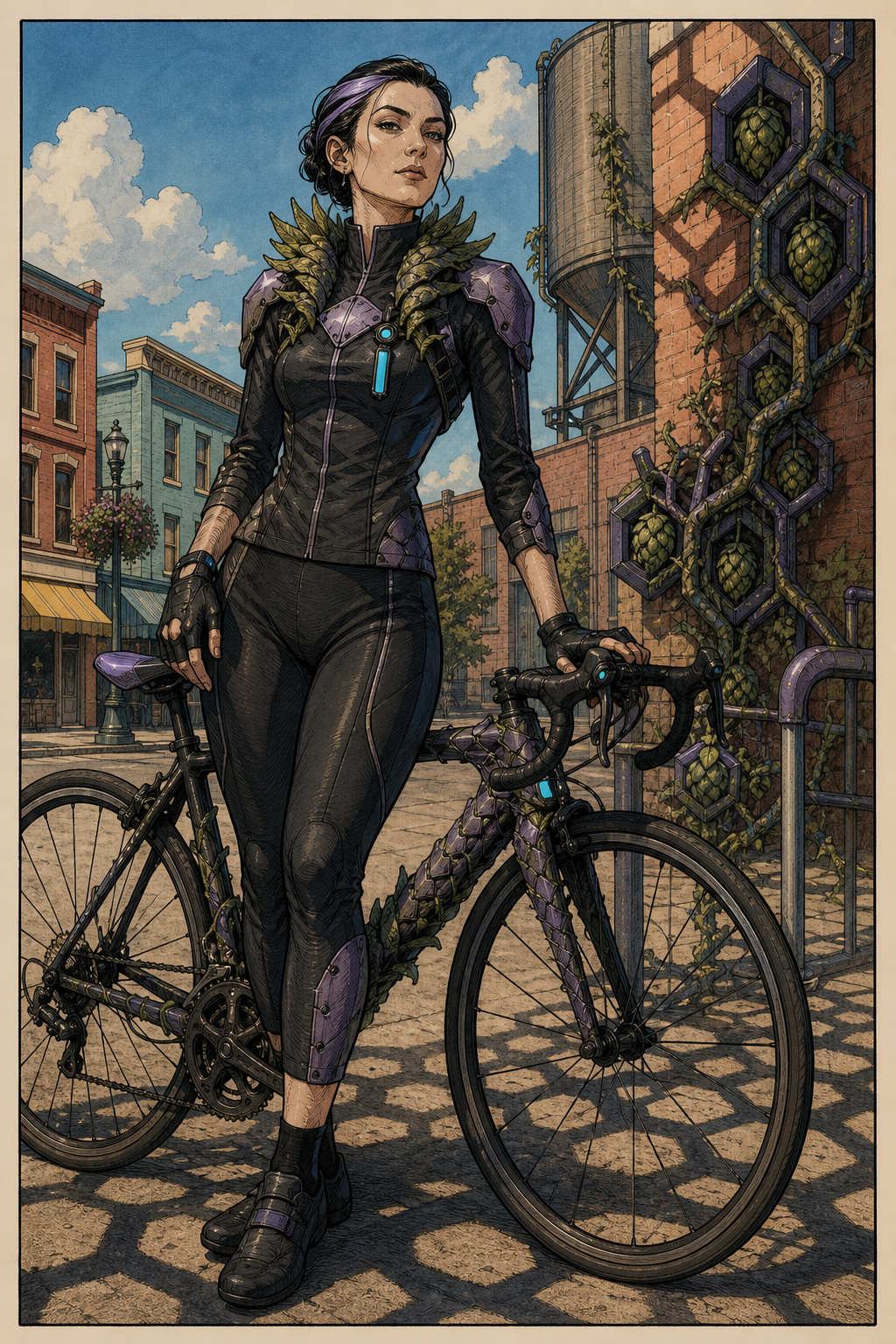 Cadence in technical cycling gear beside her cultivated bicycle on a Bellwether street