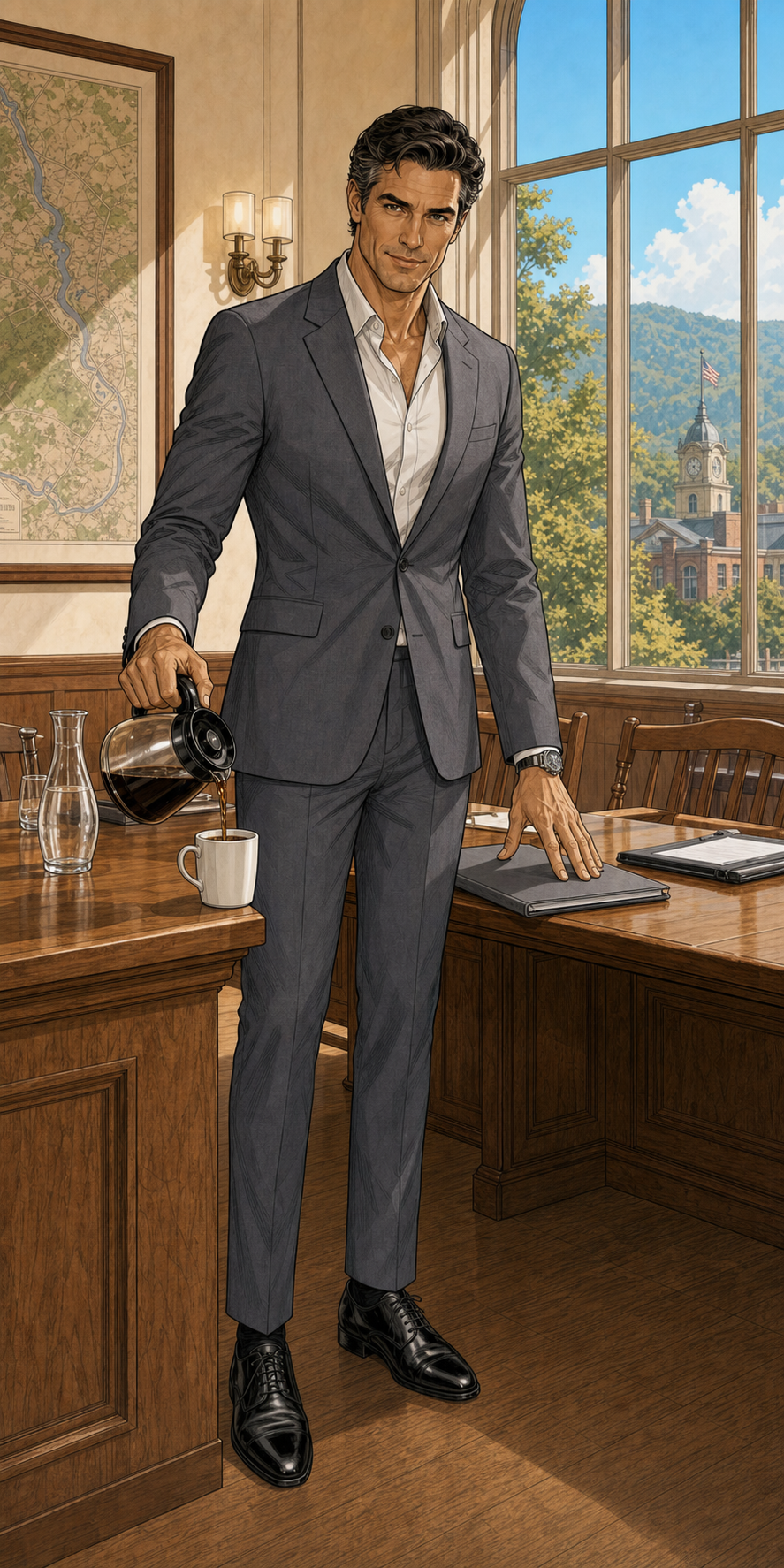 Slater pouring coffee in a Bellwether county conference room