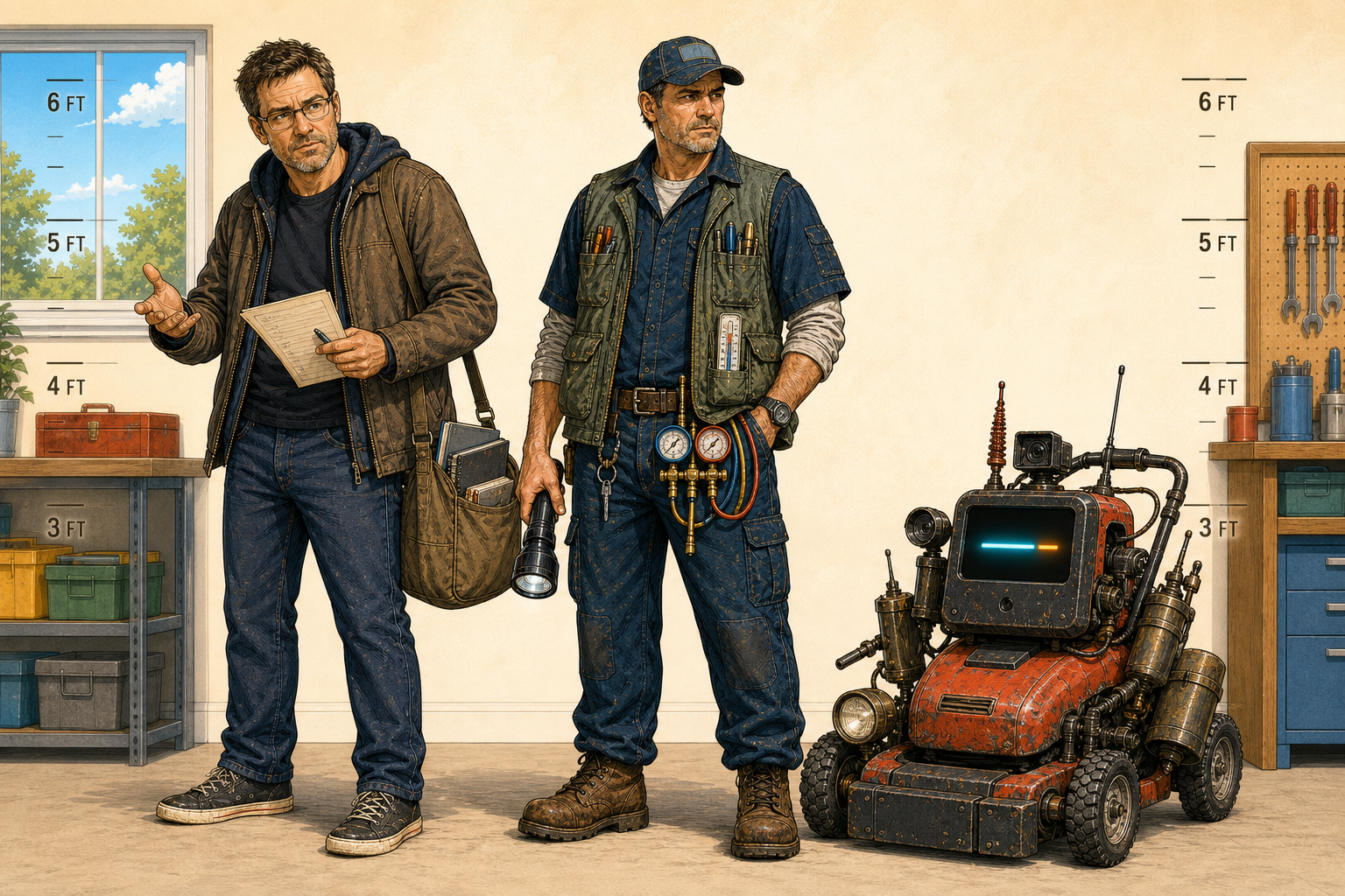 Doug Walker, Jerry Collins, and B.A.R.R.Y. standing together